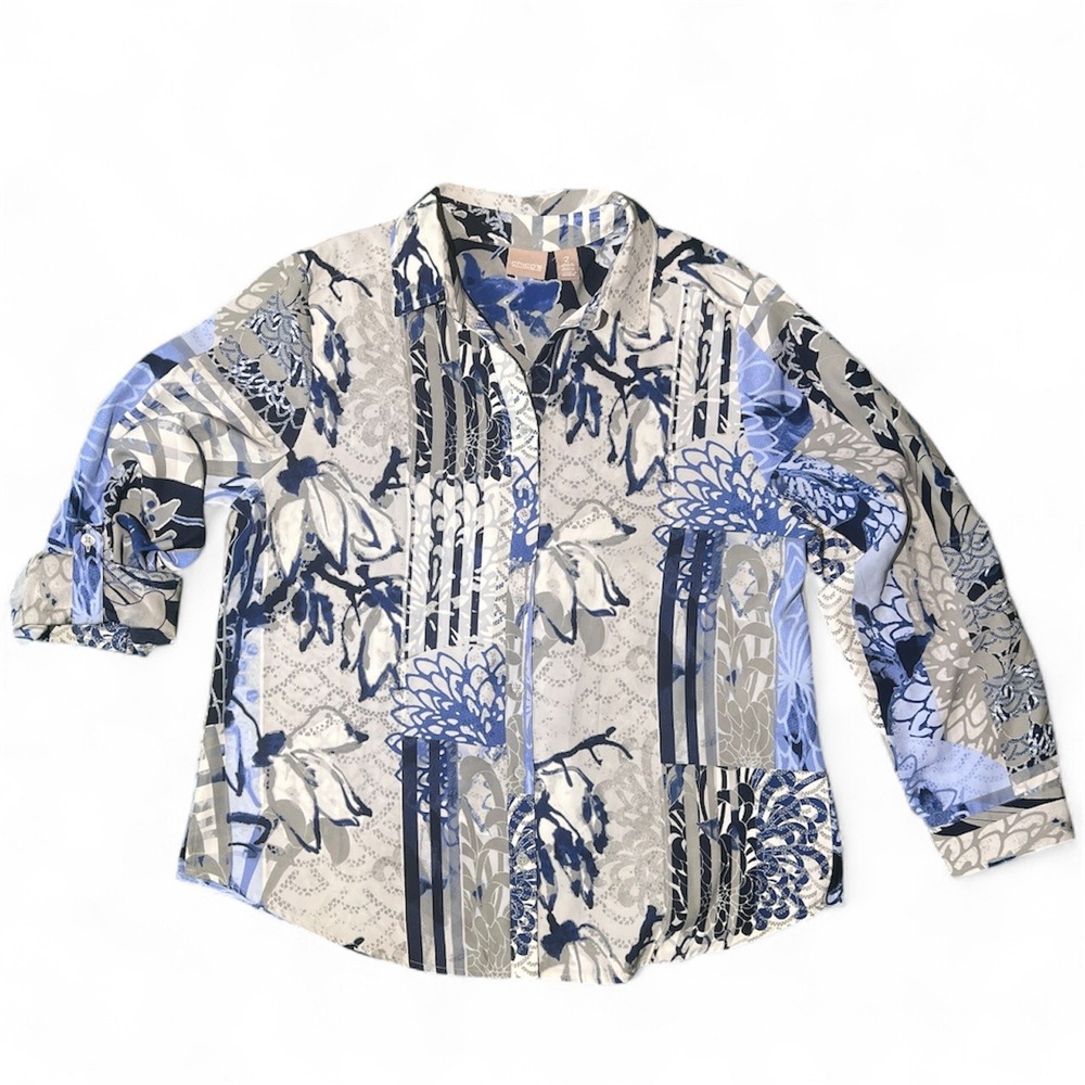 Chico's Blue Gray Floral Patchwork Print Button Up Long Sleeve Blouse Top Size 2